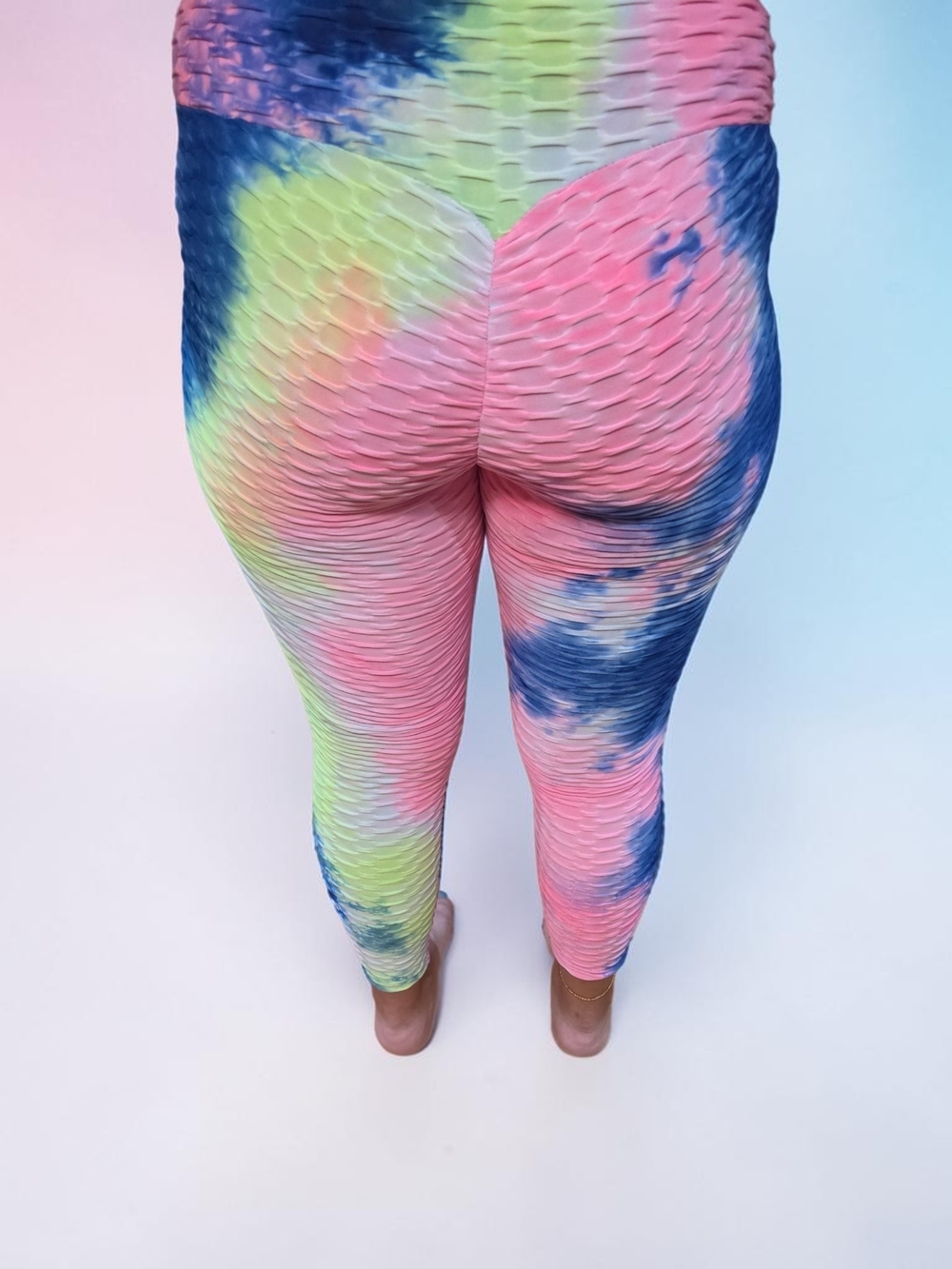 Tie-Dye Textured Leggings - Pink, Blue & Green